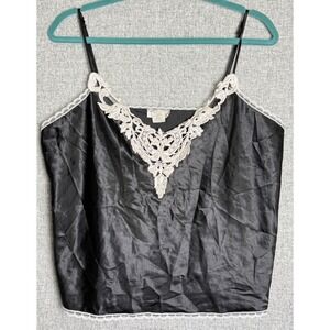 Vintage Escapades Black White Satin Camisole Lace Lingerie Womens Cami Top LARGE